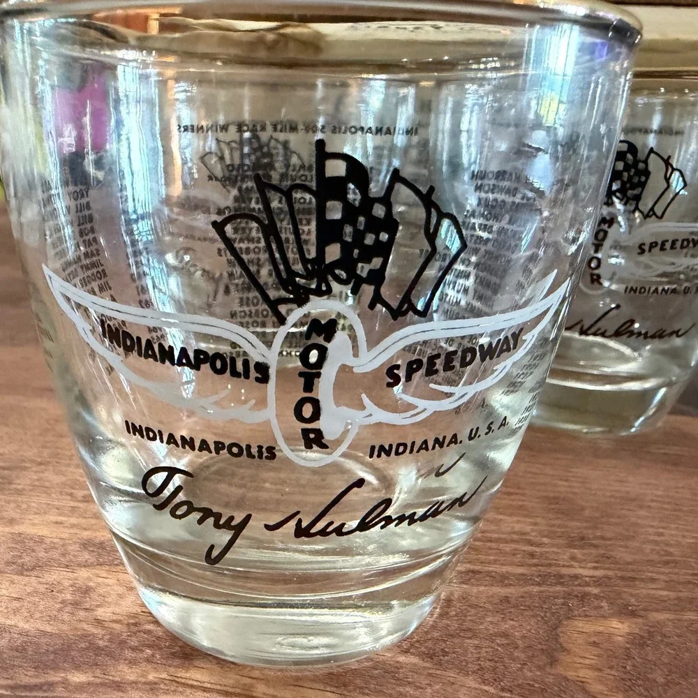Vintage Indy 500 Winners Rocks Glass Set of 6 Tony Hulman Signed Gold Rim in Box